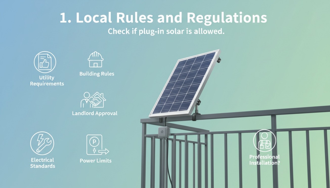 Plug-in solar local rules and regulations checklist showing utility requirements, building rules, landlord approval, electrical standards, power limits, and professional installation considerations